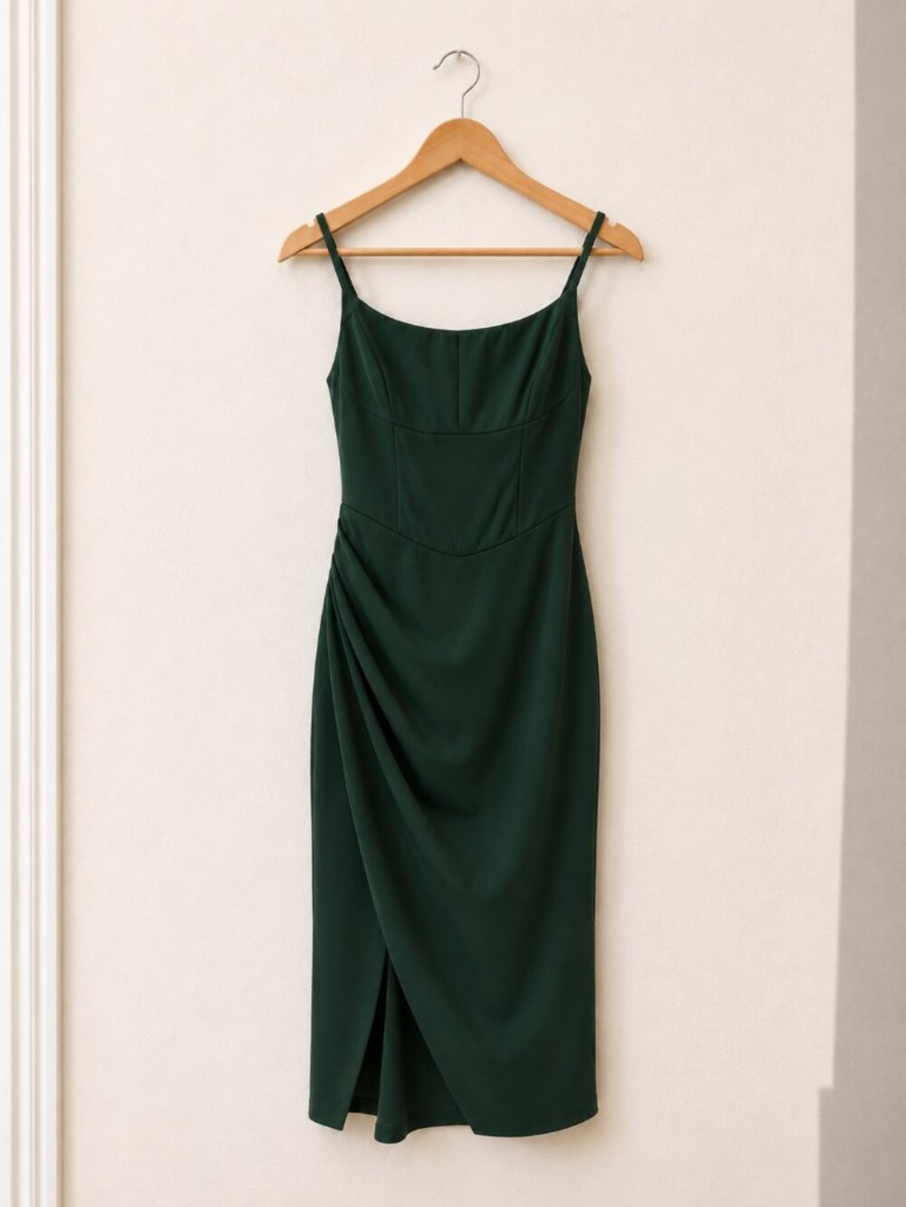 Romantic Emerald Green Ruched Slip Midi Dress